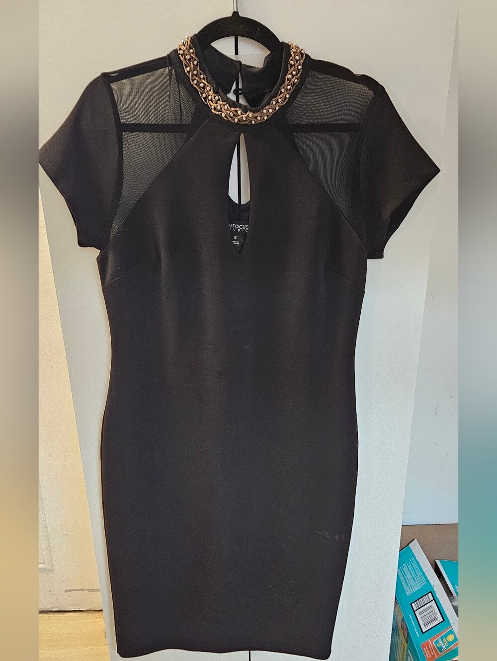 Enfocus Studio Black Mini Dress with Gold Chain Detail